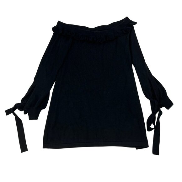 LPA Off Shoulder Sweater Dress Ruffle Neck Tie Cuff Black Size Large Wool Blend - Picture 1 of 7